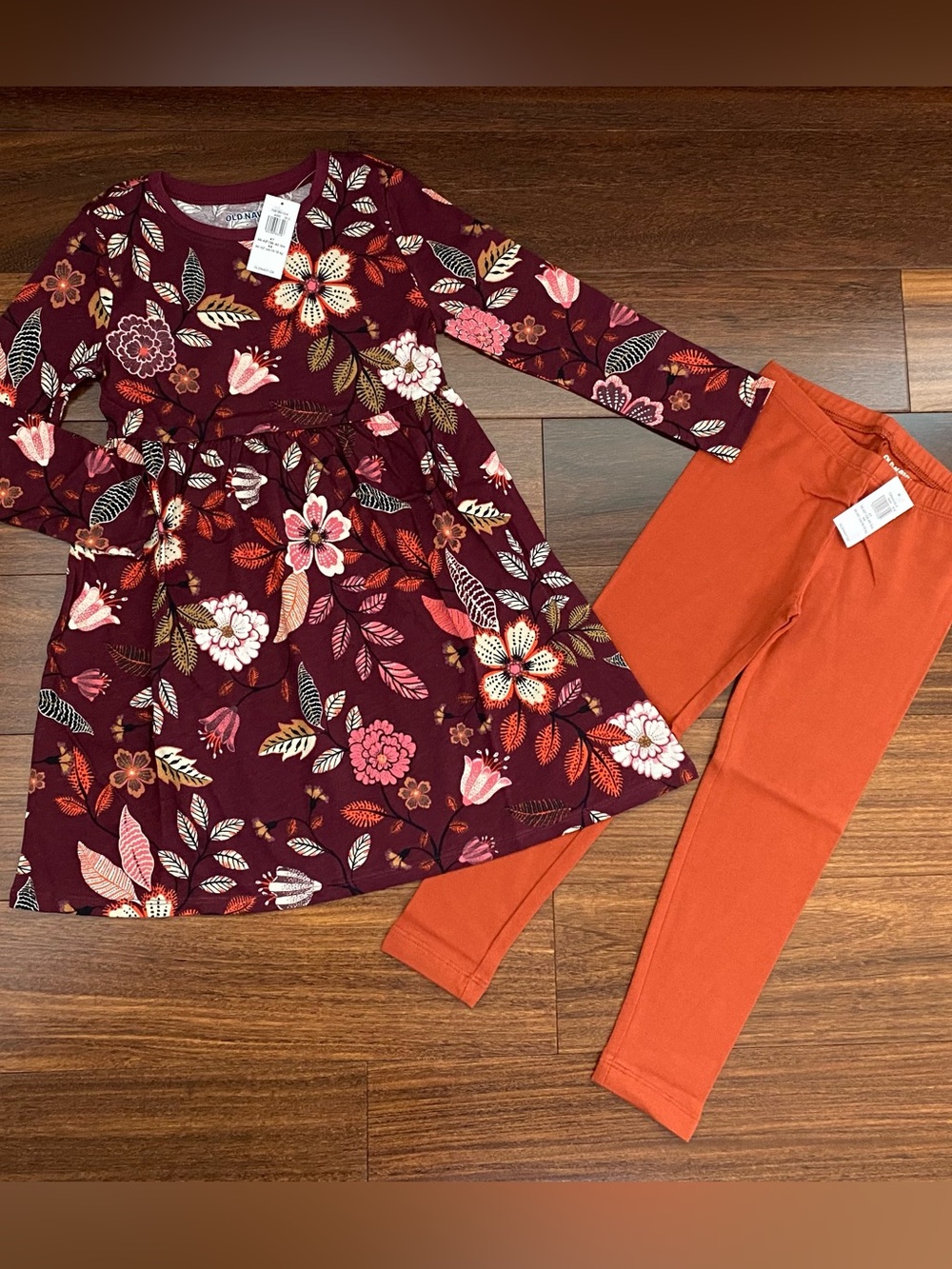 BNWT Old Navy Burgundy Floral Dress with Rust Leggings